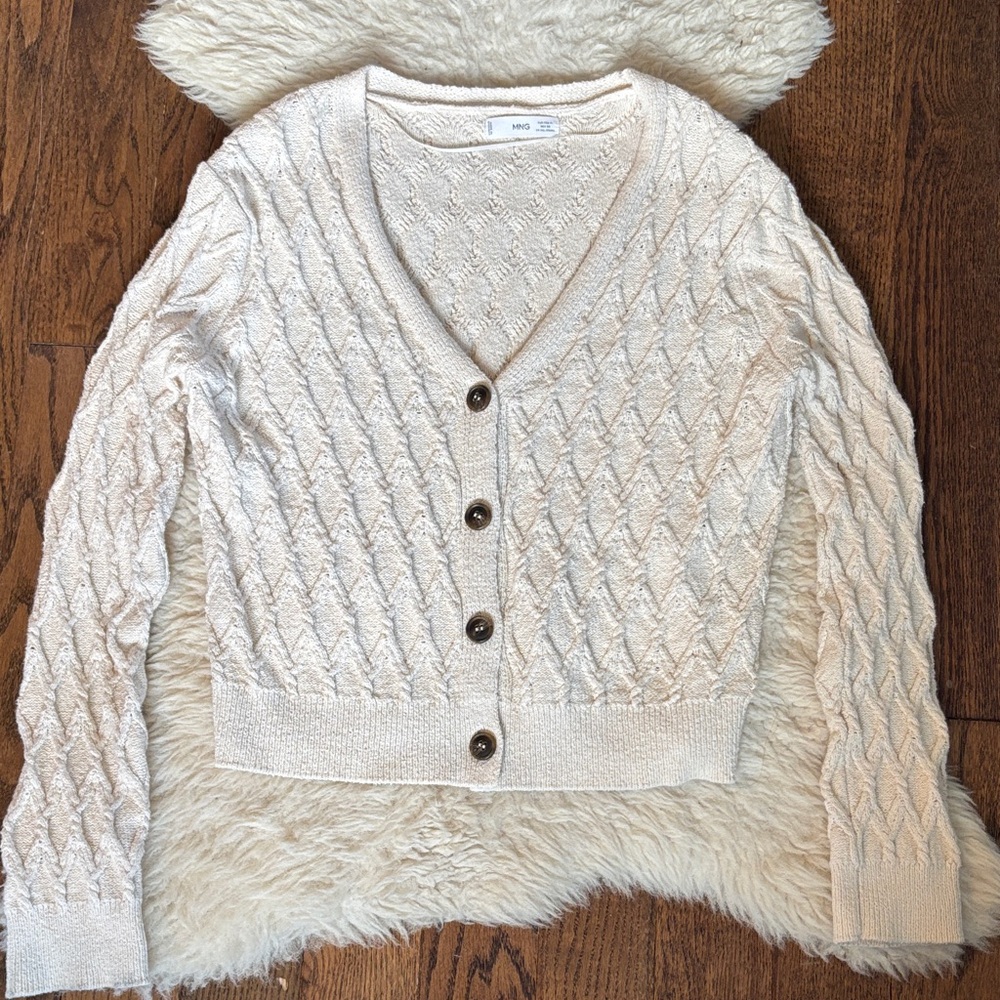 Mango Cream Cable Knit V-Neck Button Cardigan